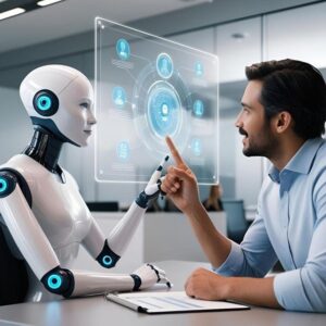 A business professional discussing ideas with a robot, representing the role of an AI client in modern workplaces.